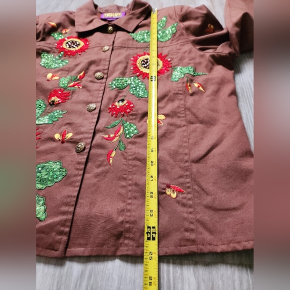 Tapestry Patch Women's L Jacket Sequined Flowers &Embroidered Bees Lined Brown - Picture 7 of 8